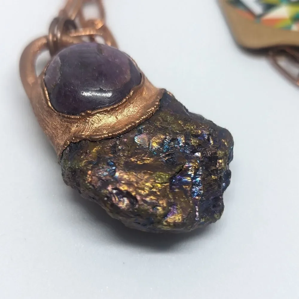 'Ameliana' Unakite Rune, Bornite & Ruby Necklace